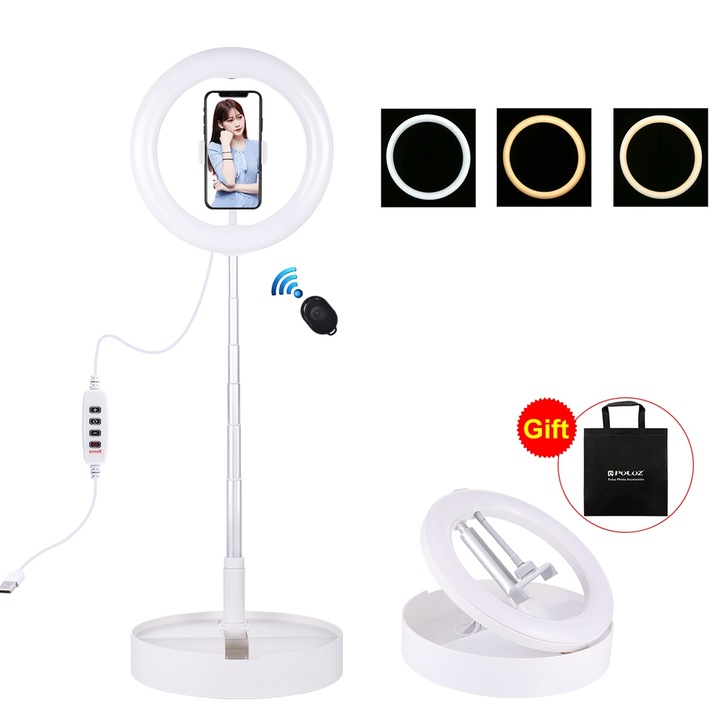 Lampa circulara Ring Light PULUZ 26cm USB 3 Moduri Lumina Reglaj Continuu Suport Telefon Bluetooth Negru