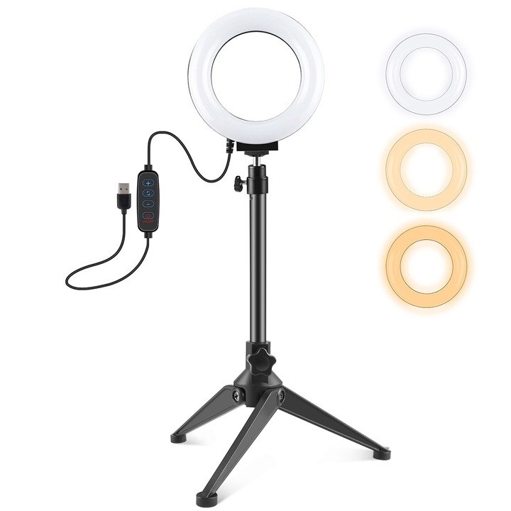 Lampa circulara Ring Light PULUZ 12 cm USB 180 LED-uri 3 moduri de lumina ajustabile suport telefon cu telecomanda alimentare USB negru