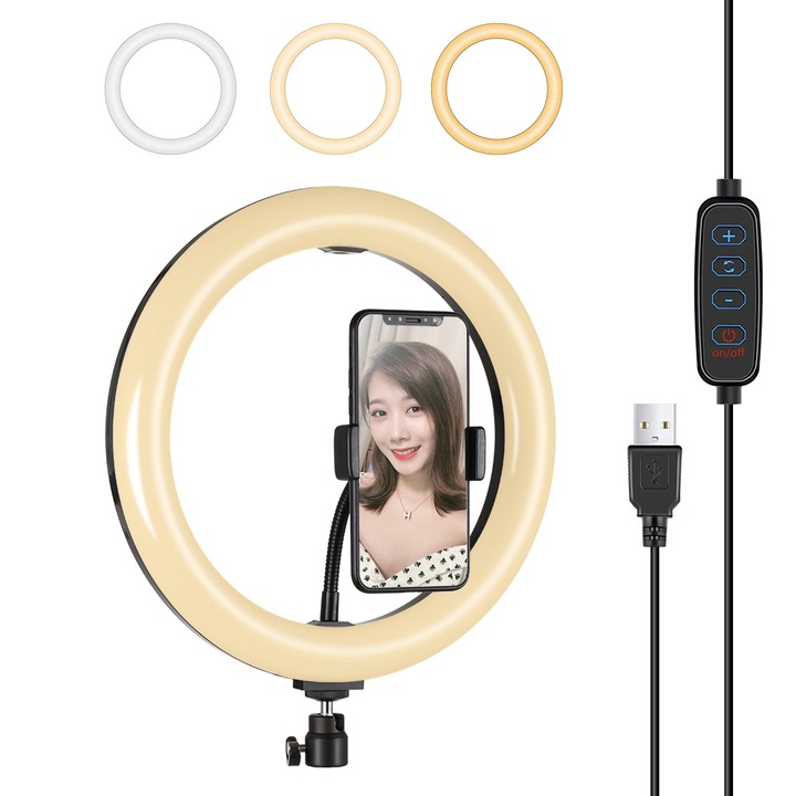 Lampa circulara Ring Light PULUZ 26cm, 3 moduri de lumina, reglaj intensitate continuu, suport telefon si clema pentru telefon, trepied inclus, alimentare USB, neagra