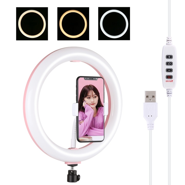 Lampa circulara Ring Light PULUZ 26cm 180 LED-uri, 3 moduri lumina, reglaj continuu, suport telefon/DSLR, alimentare USB, roz