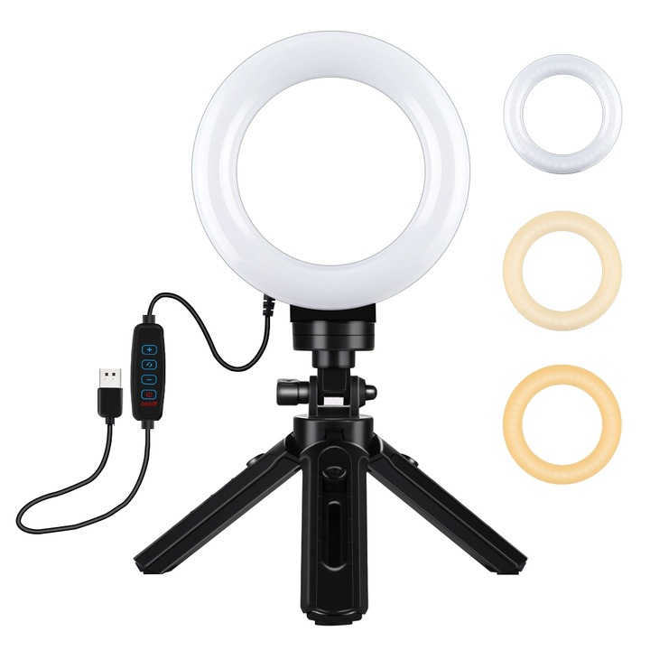 Lampa circulara Ring Light PULUZ 4.7 inch / 12 cm, 3 moduri lumina, reglaj continuu, suport telefon/DSLR, trepied portabil, alimentare USB, negru