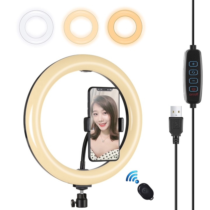 Lampa circulara Ring Light PULUZ 26cm, 3 moduri de lumina, temperatura de culoare duala, lumina difuza, suport telefon, pentru vlogging si fotografie, USB, negru