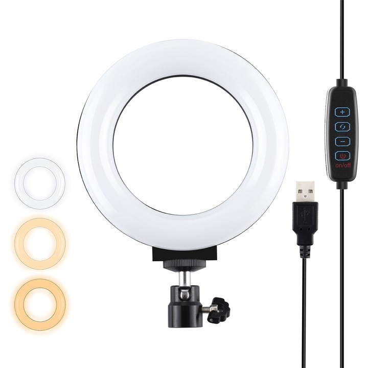 Lampa circulara Ring Light PULUZ 30cm, 180 LED-uri, 3 moduri lumina, 10 trepte reglaj, lumina soft, suport telefon, maner ajustabil, accesorii incluse, alimentare USB, negru
