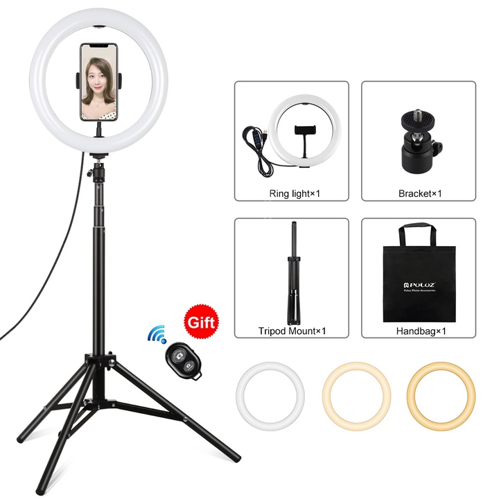 Lampa circulara Ring Light PULUZ 26cm + trepied 1.65m, USB, 3 moduri de lumina, reglaj intensitate, suport telefon, telecomanda selfie inclusa, negru