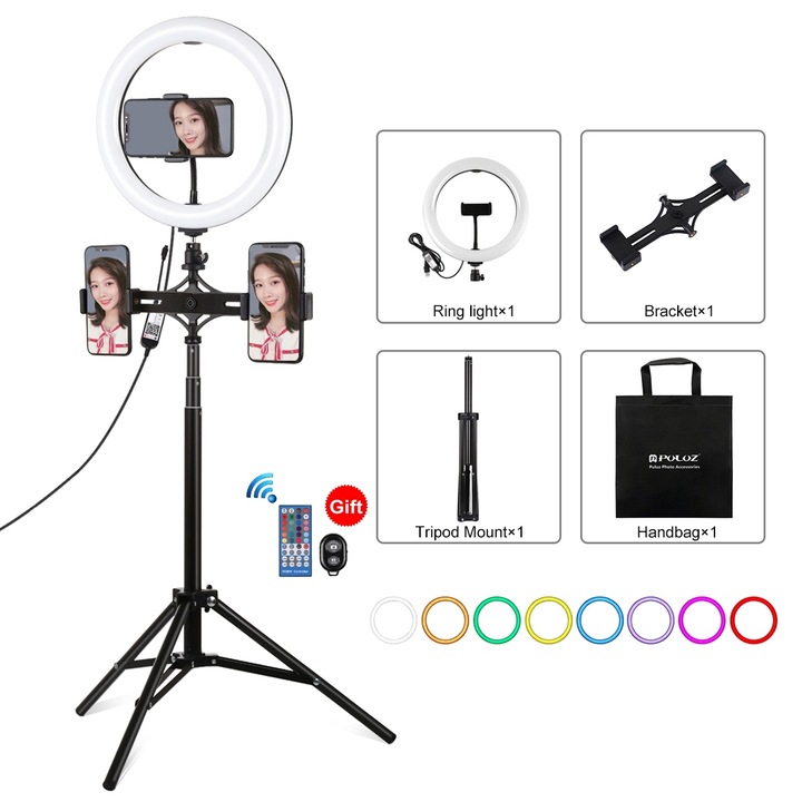 Lampa circulara Ring Light PULUZ 26cm, 10.2 inch, RGBW, trepied 1.65m, suport dual telefon, LED-uri reglabile RGBW, set complet pentru vlogging, alimentare USB, negru