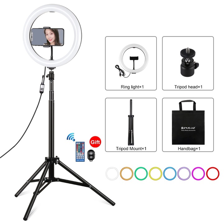 Lampa circulara Ring Light PULUZ 26cm, RGBW, suport tripod, reglaj USB, LED RGBW, pentru vlogging si live broadcast, negru