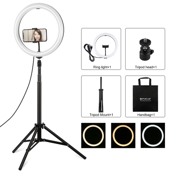 Lampa circulara Ring Light PULUZ 30cm, 180 LED-uri, 3 moduri lumina, reglaj 10 trepte, lumina soft, suport telefon/trepied, alimentare USB, negru