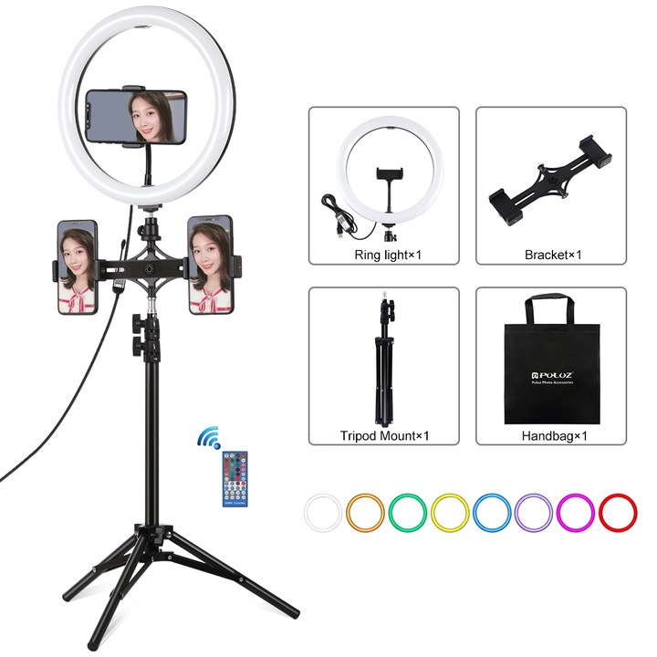 Lampa circulara Ring Light PULUZ 30cm, 180 LED-uri, 3 moduri lumina, reglaj 10 trepte, suport telefon/DSLR, alimentare USB, negru