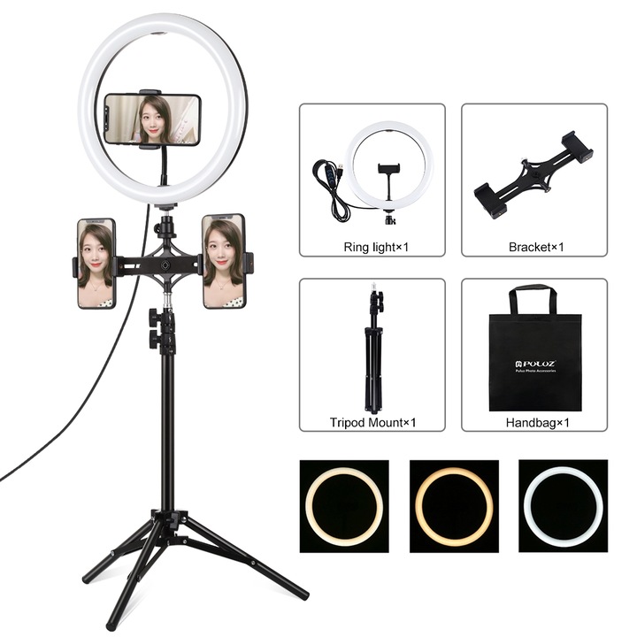 Lampa circulara Ring Light PULUZ 30cm, 180 LED-uri, 3 moduri de lumina, 10 trepte reglare intensitate, suport telefon, alimentare USB, negru