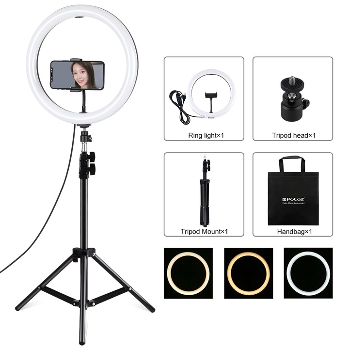 Lampa circulara Ring Light PULUZ 30cm, 196 LED-uri, 3 moduri lumina, reglaj continuu, suport telefon, maner ajustabil, USB, negru