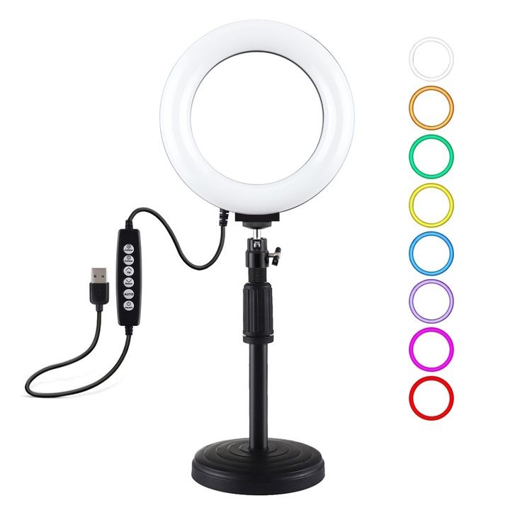 Lampa circulara Ring Light PULUZ 16cm, 10 moduri lumina, 8 culori RGBW, USB, maner reglabil, suport telefon, trepied, montura desktop, negru