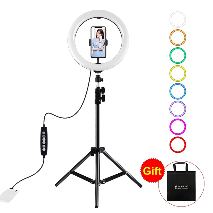 Lampa circulara Ring Light PULUZ 26cm, 180 LED-uri, 3 moduri lumina, reglaj intensitate 10 trepte, suport telefon/DSLR, suport telefon, trepied, telecomanda, alimentare USB, RGBW