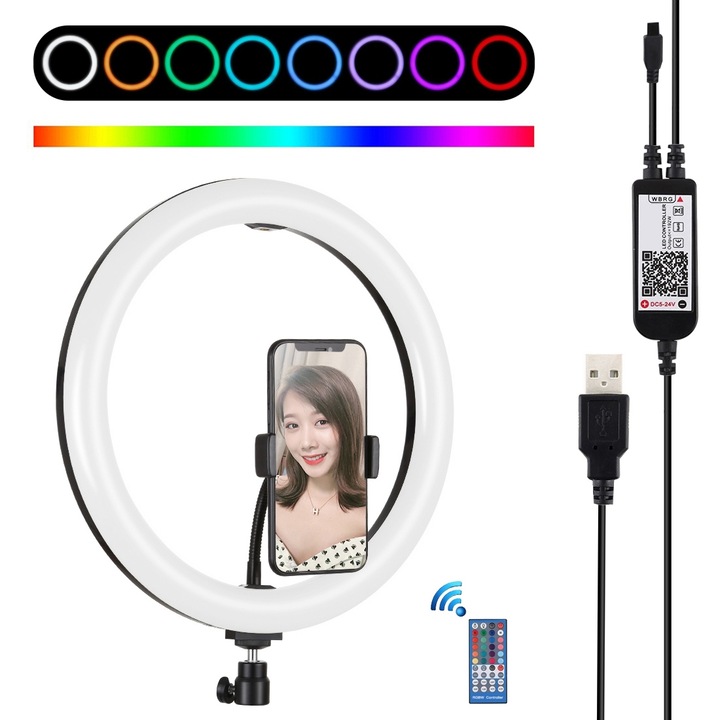 Lampa circulara Ring Light PULUZ 30cm/30cm/12inch, LED-uri duale RGB, luminozitate reglabila, temperatura de culoare variabila, suport telefon si telecomanda incluse, alimentare USB, negru