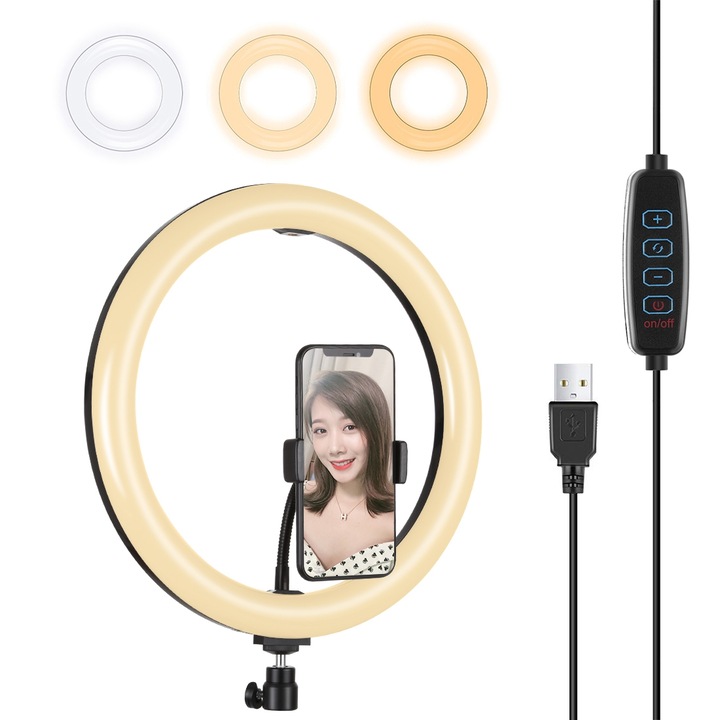 Lampa circulara Ring Light PULUZ 30cm, 180 LED-uri, 3 moduri de lumina, reglaj intensitate, suport telefon, maner ajustabil, USB, negru