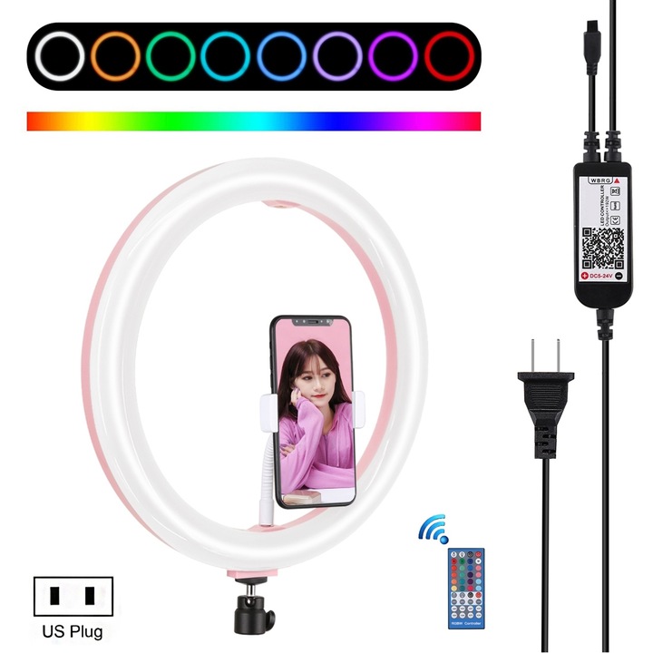 Lampa circulara Ring Light PULUZ 30cm/28cm/11.8inch, LED-uri RGB reglabile, selfie, foto, video, cu suport telefon, trepied, alimentare USB, roz, US Plug