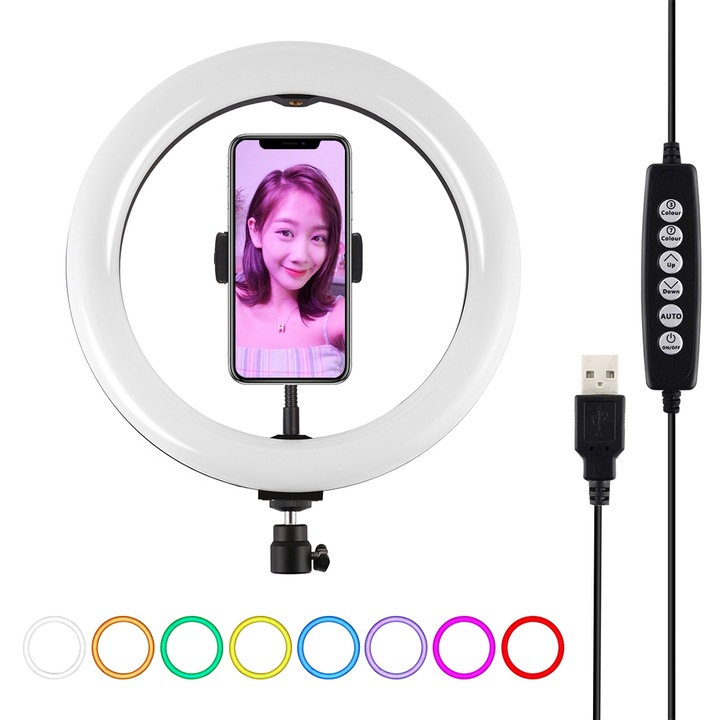 Lampa circulara Ring Light PULUZ 26cm, 10 moduri lumina, 8 culori RGBW, LED-uri dimabile, suport telefon si trepied inclus, alimentare USB, negru