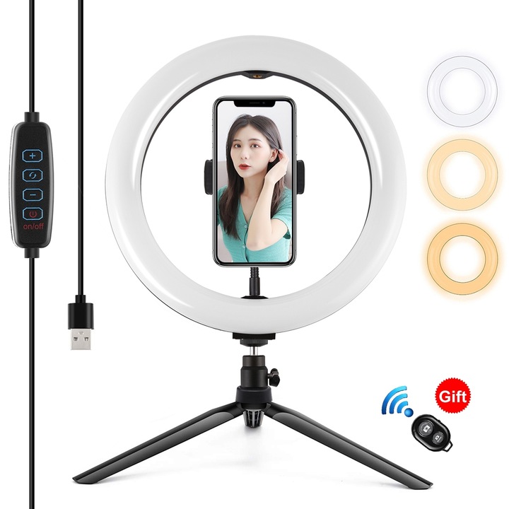 Lampa circulara Ring Light PULUZ 26cm PULUZ, 10.2 inch, 3 moduri lumina, temperatura culori ajustabila, lumina difuza, pentru vlogging si selfie, suport telefon si telecomanda inclusa, USB, negru