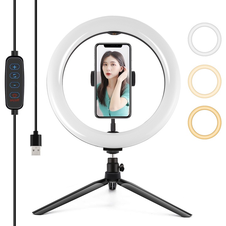 Lampa circulara Ring Light PULUZ 26cm, 3 moduri lumina, reglaj continuu, suport telefon, maner ajustabil, trepied desktop, alimentare USB, negru