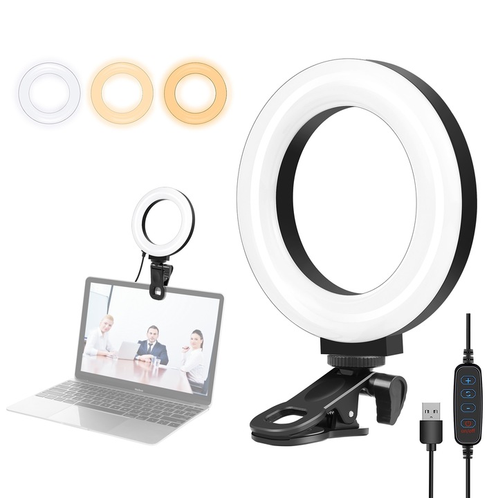 Lampa circulara Ring Light PULUZ 12cm, 180 LED-uri, 3 moduri lumina, 10 trepte intensitate, suport telefon, suport DSLR, telecomanda, USB, negru