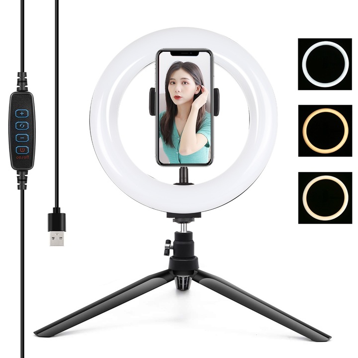 Lampa circulara Ring Light PULUZ 20cm, 7.9 inch, 3 moduri lumina, ajustabil, suport telefon, montaj pe birou, USB, negru