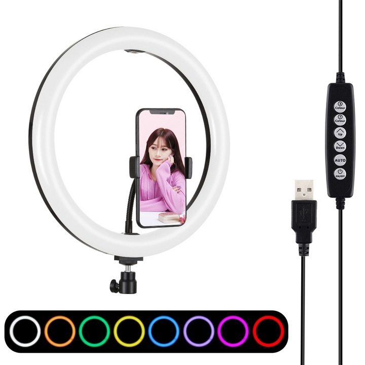 Lampa circulara Ring Light PULUZ 30cm, 180 LED-uri, 3 moduri lumina, 10 trepte intensitate, lumina soft, suport telefon/DSLR, USB, negru