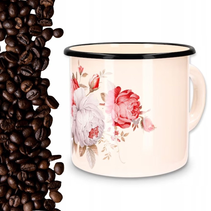 Cana Emaliata Turistica, Naczynia Olkusz, Model Trandafir, Compatibila Cu Inductie Si Gaz, Ideala Pentru Camping Incalzire Lapte Sau Apa, Stil Retro Rezistent Si Sigur Pentru Alergici, Material Igienic, 11 cm, 1 l, Crem