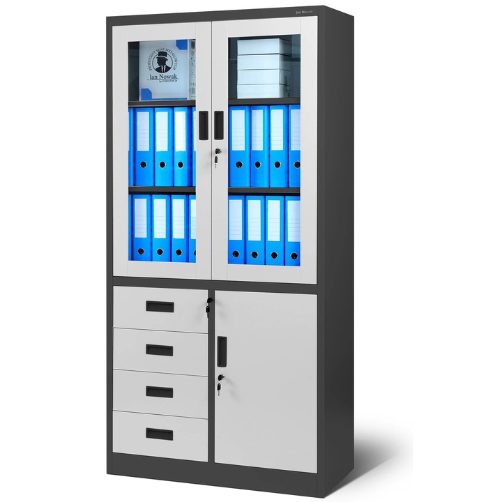 Sifonier metalic WIOLA, JAN NOWAK, antracit si alb, 3 rafturi pentru dosare, 185x90x40 cm