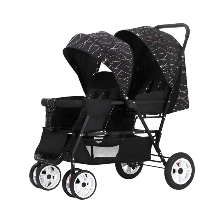 Бебешка количка за близнаци, лека сгъваема за две деца, 208 черна