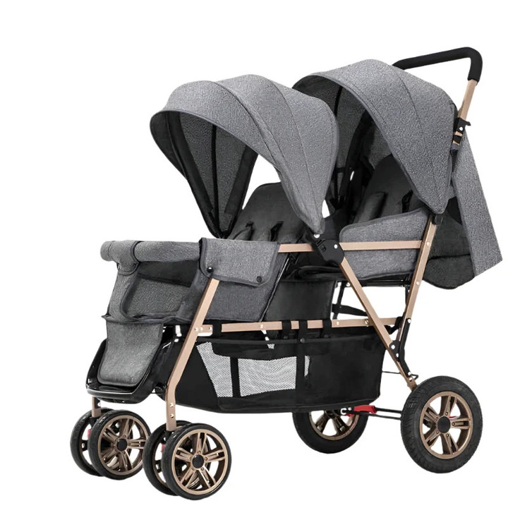 Бебешка количка за близнаци, лека сгъваема за две деца, 208 сиво-златиста