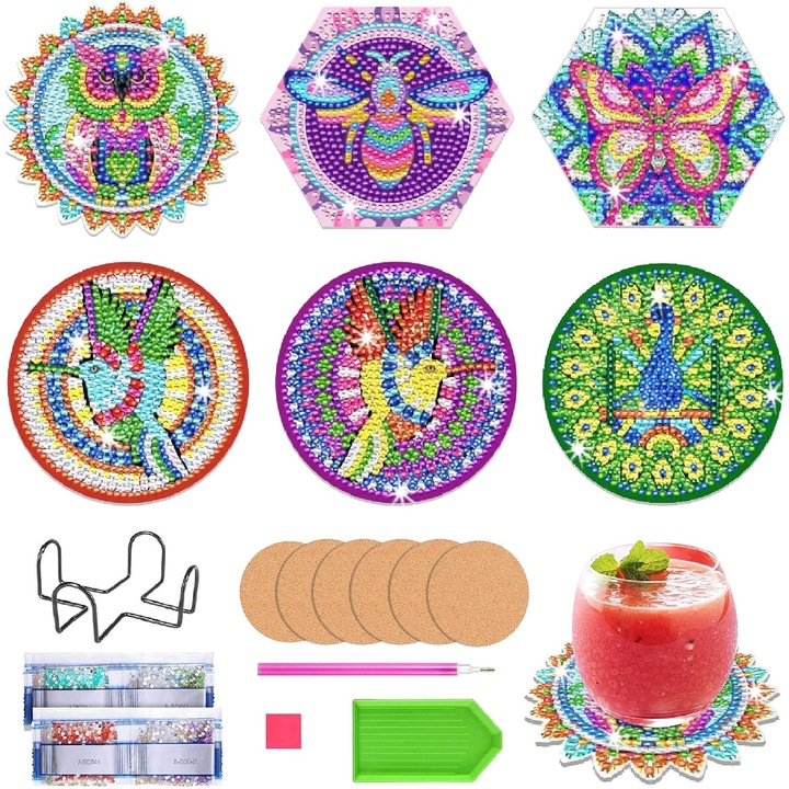 6 darabos alátét készlet, DIY, gyémánt hímzés, tárolóállvánnyal, átmérő 10 cm, alátét, akril/fém, többszínű