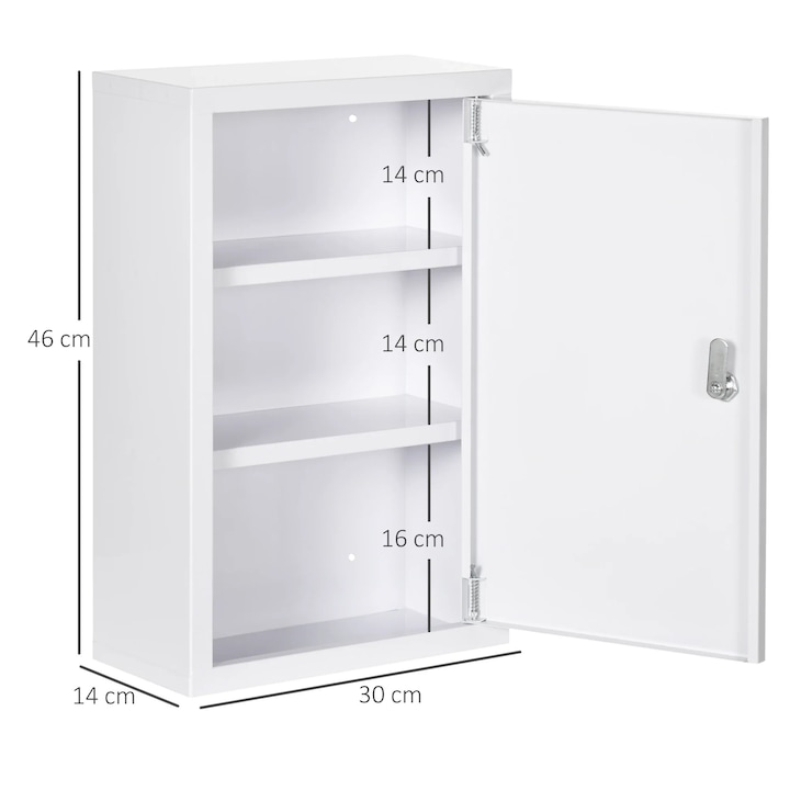 Fém fali szekrény, 3 rekesszel, zárral, acél, fehér, 30x14x46cm