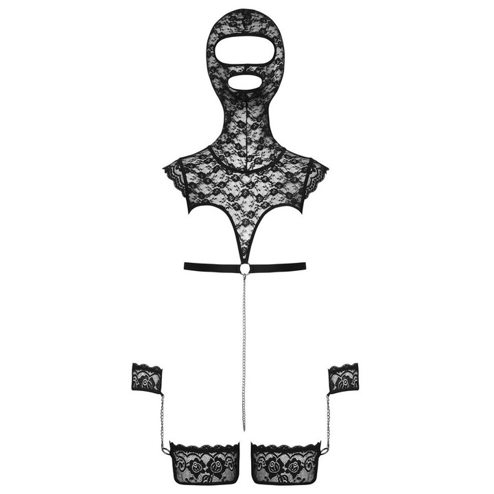 Costum sexy din dantela, Bad Kitty, set cu top fara bust, masca si mansete, negru, M