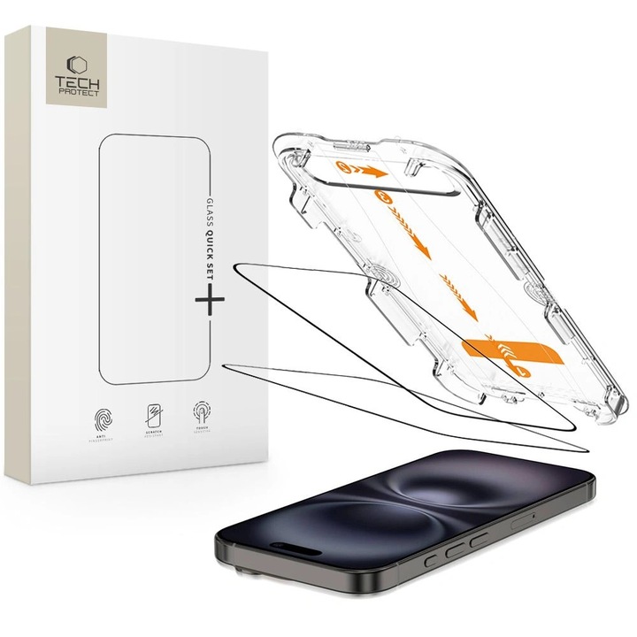 Képernyővédő fólia szett, Tech-Protect Quick Set+ Apple iPhone 15 / 16 fekete [2 db-os csomag]