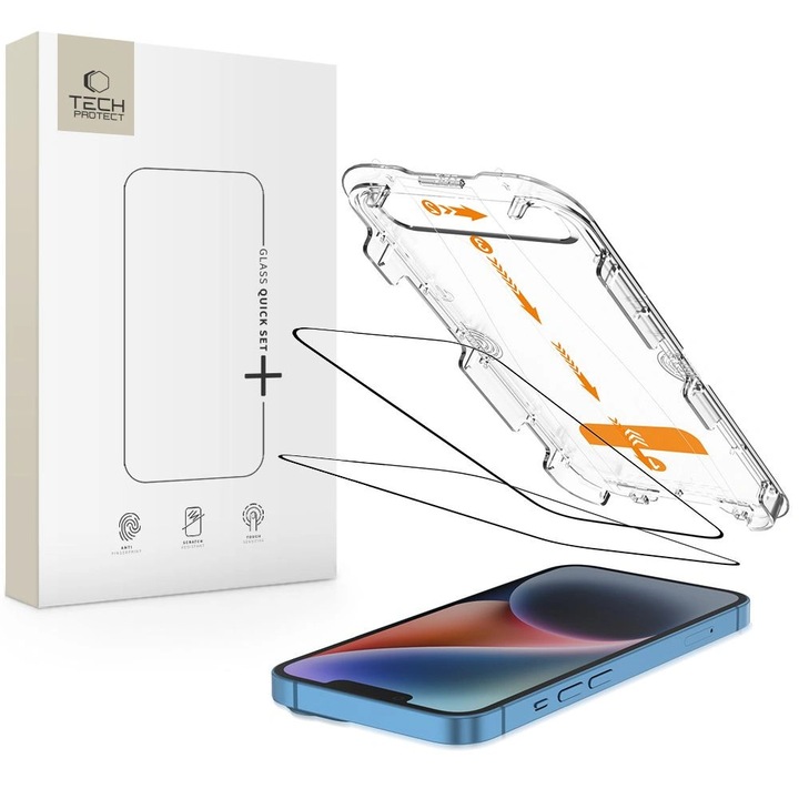 Temperált üveg kijelzővédő TECH-PROTECT Quick Set+ 2-PACK iPhone 13 / 13 PRO / 14 / 16e/17e készülékhez fekete