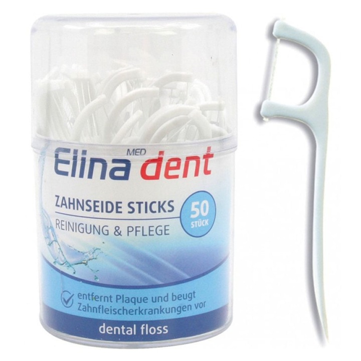 Ata dentara cu suport si scobitoare, 50 bucati/cutie, alba, 8x5x2.5 cm