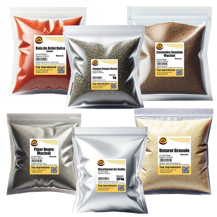 Pachet „Condimente pentru Mititei” : Piper negru macinat – 500g, Boia dulce Spania – 500g, Usturoi granulat – 500g, Cimbru frunze – 300g, Coriandru macinat – 250g, Bicarbonat de Sodiu 1kg