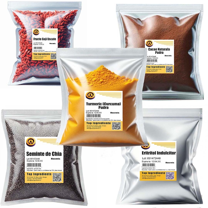 Pachet „Puterea Antioxidantilor”: Fructe Goji – 500g, Turmeric pudra – 500g, Cacao Naturala – 500g, Seminte de Chia – 500g, Eritritol – 500g