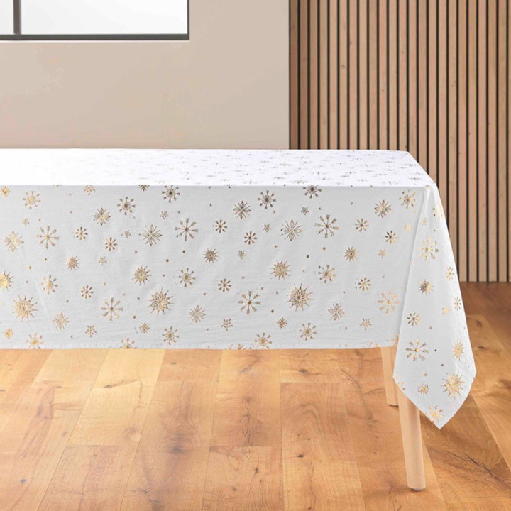 Téglalap alakú asztalterítő, arany díszítés, 140 x 240 cm, ASTRELIA - fehér