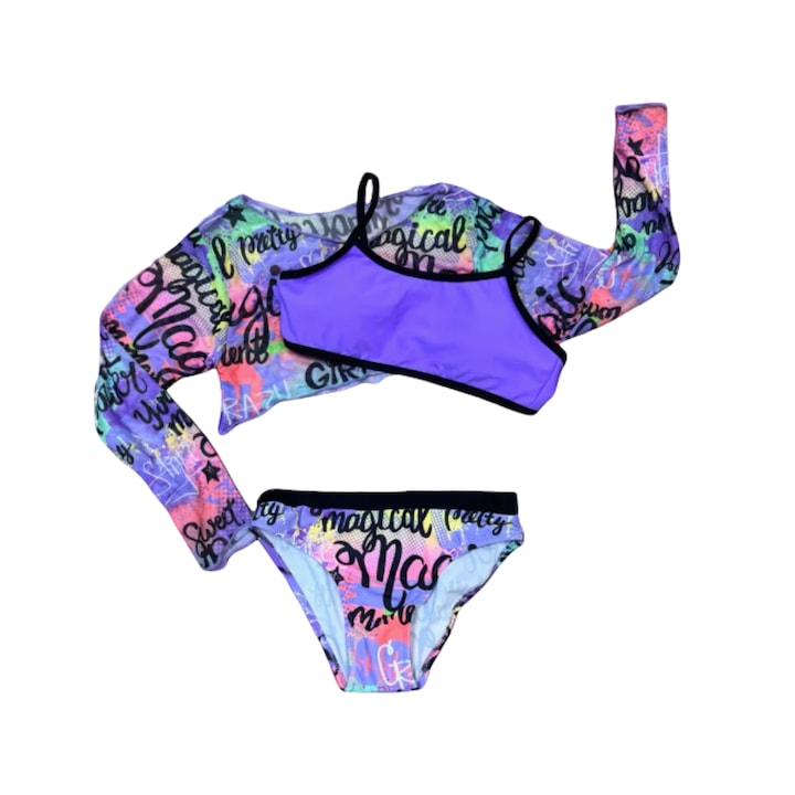 Costum fete mov baie din trei piese graffiti street art print top stil urban modern mov material elastic protectie solara plaja piscina cadou sport vara cool anti-ultraviolete