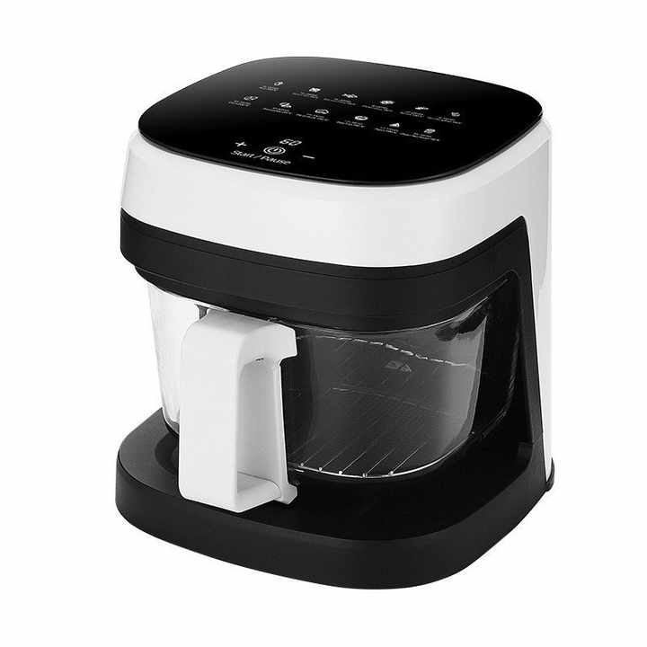 Фритюрник с горещ въздух 2400W, AirFryer 8.5L, стъклена кошница, 12 предварително зададени програми, готвене без олио, сензорен екран, температура 60–200°C, включена цедка, модерен черен дизайн