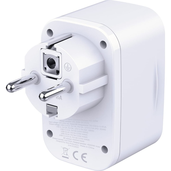 Hálózati töltő 3mk Hyper Comfort Charger 30W, 1x USB-A QC 3.0, 2x USB-C PD, 1x Schuko, fehér