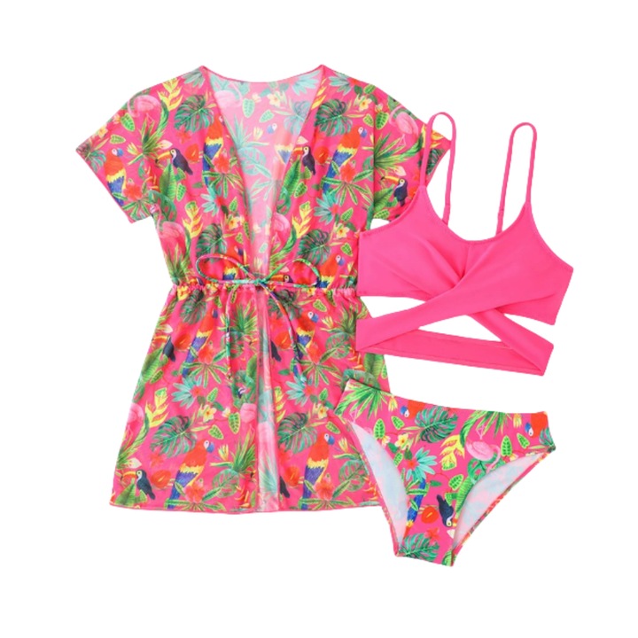 Бански за момичета, три части с плажна пола, летен флорален принт в тропически стил, 140 см