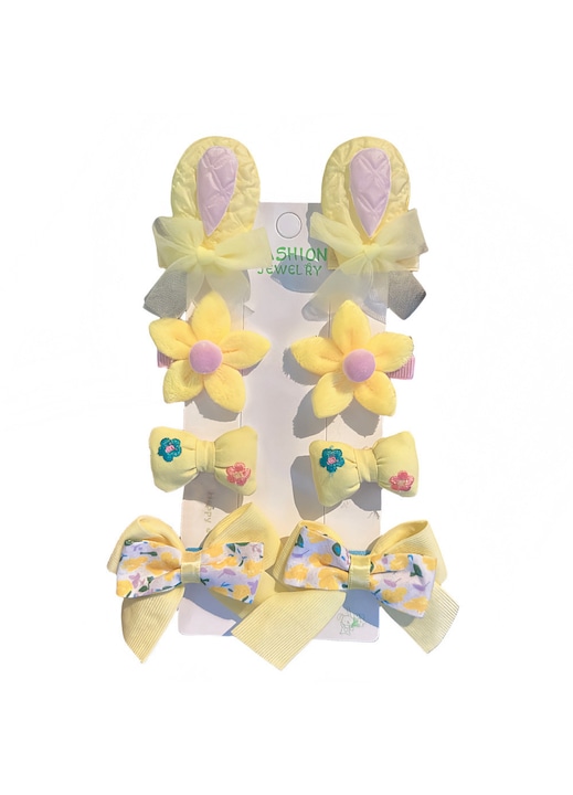 Set 8 Clame de Par pentru Fetite, Stil Dulce cu Funde si Flori, Agrafe de Par pentru Copii, Metal si Material Textil, 3.3 cm, Galben