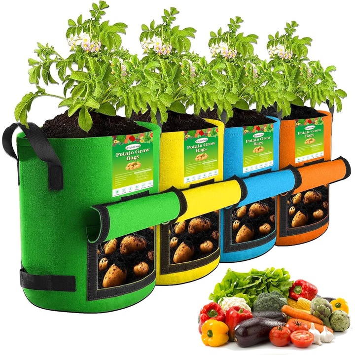 Set 4 Saci pentru Plantat Cartofi si Legume, cu Fereastra de Recoltare, Reutilizabili, cu Manere, din Fetru, Material Textil Permeabil si Respirabil, 30 Litri, 35 x 30 cm