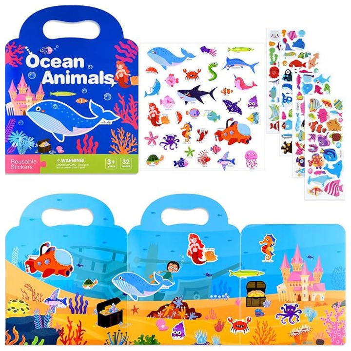 Carte de stickere reutilizabile cu bule pentru copii, stickere oceanice, stickere educative cu scene de jucarii de invatare