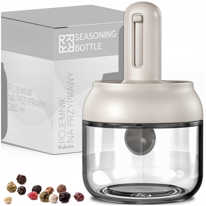 Recipient Pentru Condimente Cu Lingurita, Sticla, 280 Ml, Lingurita Telescopica, Inchidere Hermetica, 15 x 8 cm, Bej, 1 Bucata