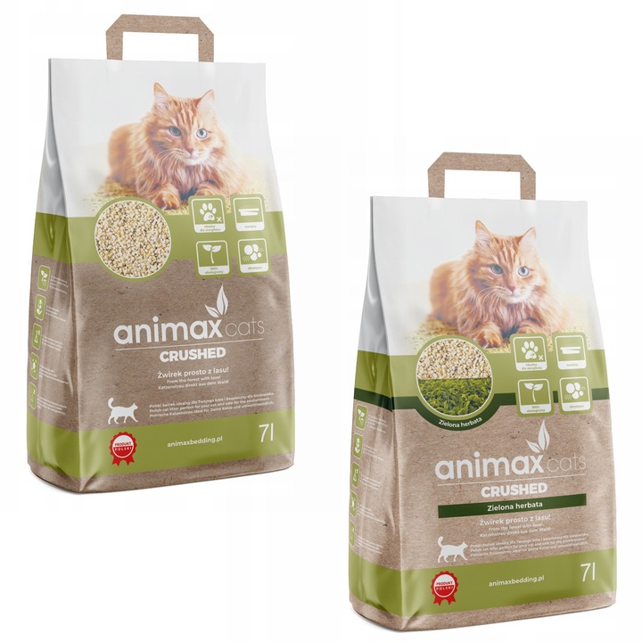 Set 2 saci asternut din lemn pentru pisici, din lemn, 2 x 7 L, parfum ceai verde si inodor