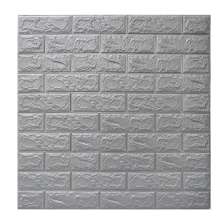 Set 10 Placi de Tapet, Flippy, Autoadezive, 70 x 77 cm, 2.5 mm Grosime, Suprafata Acoperita 5.3 mp, din PVC, Model Caramida, Argintiu