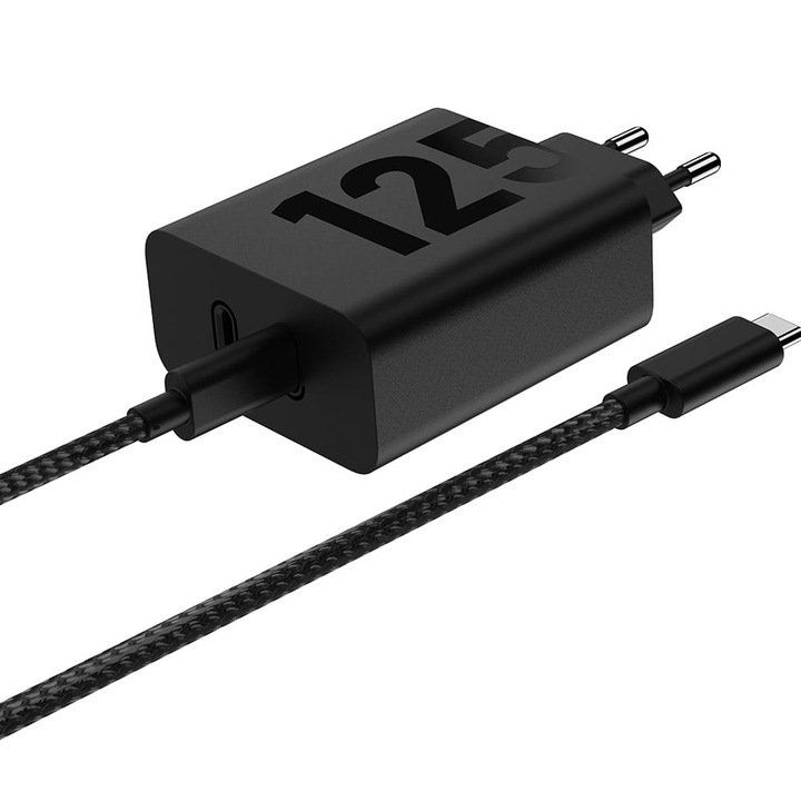 Hálózati töltő GaN Motorola TurboPower 125W Duo 2x USB-C + USB-C kábel, 2m, fekete