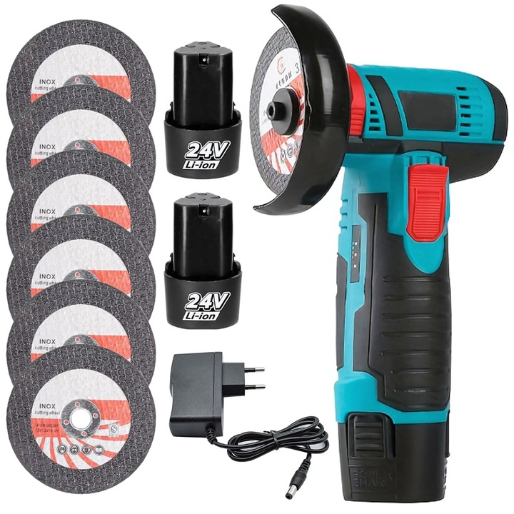 Mini Polizor Electric Gardeon®, Flex Unghiular Portabil Cu Acumulator, Disc 76 MM, Functie Soft Start, Autonomie Extinsa, Putere 750W, 1500 mAh, 19500 RPM, 2 x Acumulatori De 24V Si 6 x Discuri Incluse, Design Ergonomic, Culoare Negru/Albastru